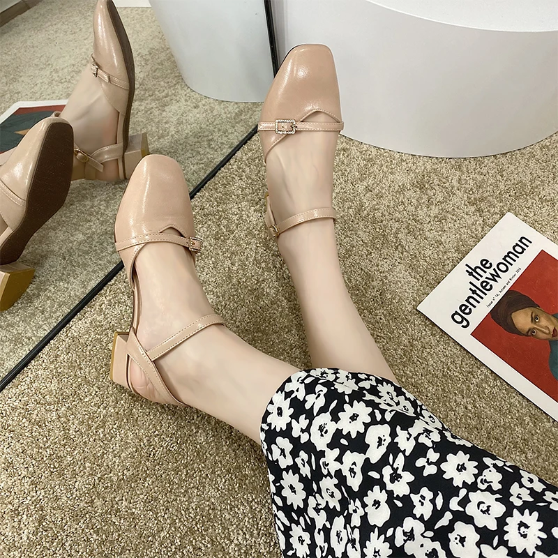 

Velvet Shoes 2021 Summer Low Sandals Woman Leather Block Heels Suit Female Beige Suede Low-heeled Closed Chunky Girls Fashion C