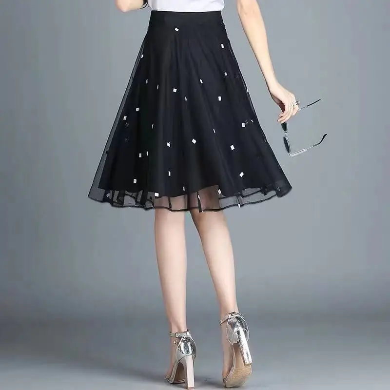 

Women's Skirt 2021 New Skirt Black Spring and Autumn Skirt Mesh High Waist Slimming A- line Pleated Skirt Fashion Black Skirt
