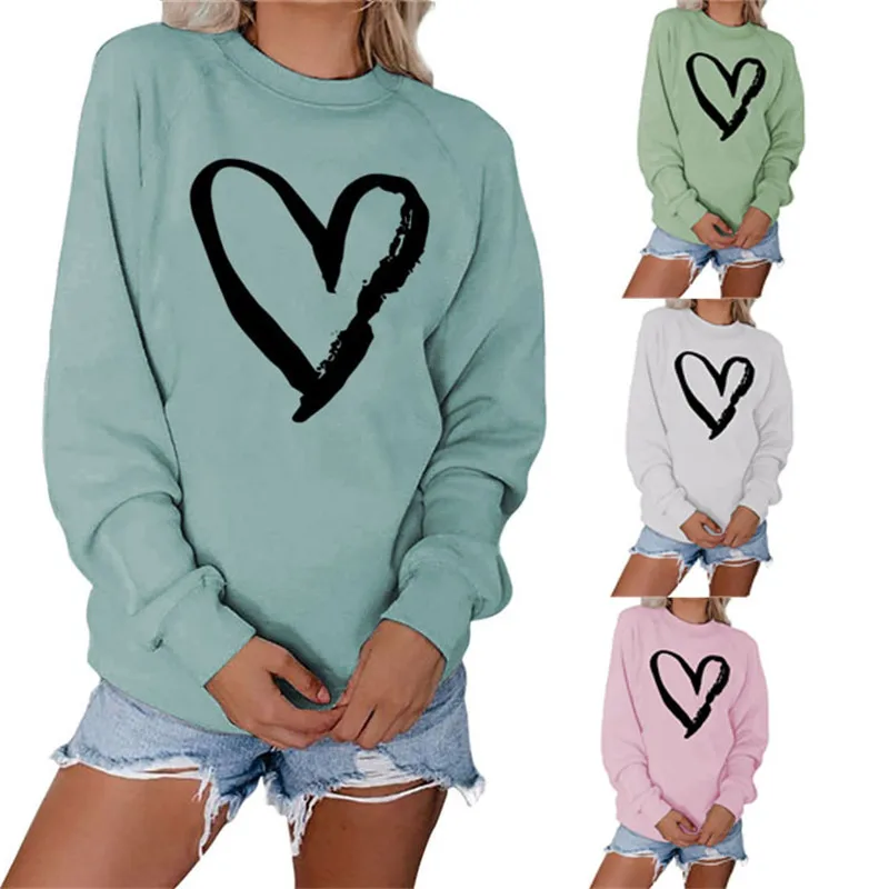 Autumn and winter loose ladies sweater Casual pullover women's simple love printing Fashion round neck long-sleeved shirt