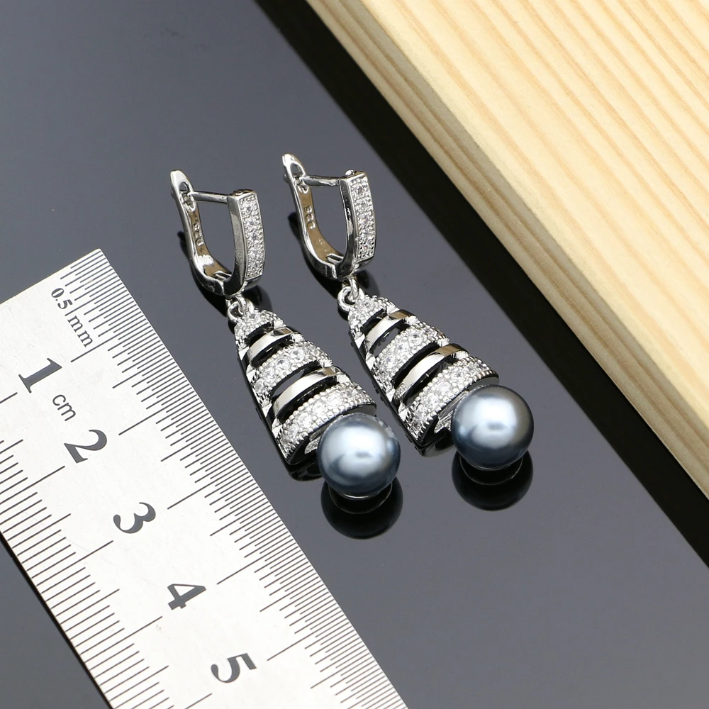 Черные жемчужины серебряные 925 ювелирные наборы для женщин свадебные серьги на каплях с жемчужным ожерельем, комплекты с кольцом, браслетом с кубическим цирконием.