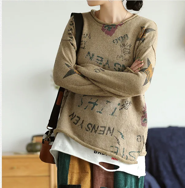 Autumn Sweater Women Fashion Loose Knitting Pullovers 2019 New Female Tops O-Neck Long-sleeved Print Letter Casual | Женская одежда