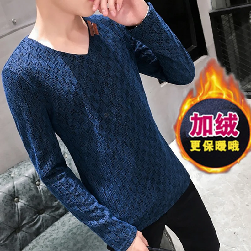 

Men's long sleeve T-shirt autumn and winter sweater Plush V-Neck Sweater student thickened hollow out sweater trendy man