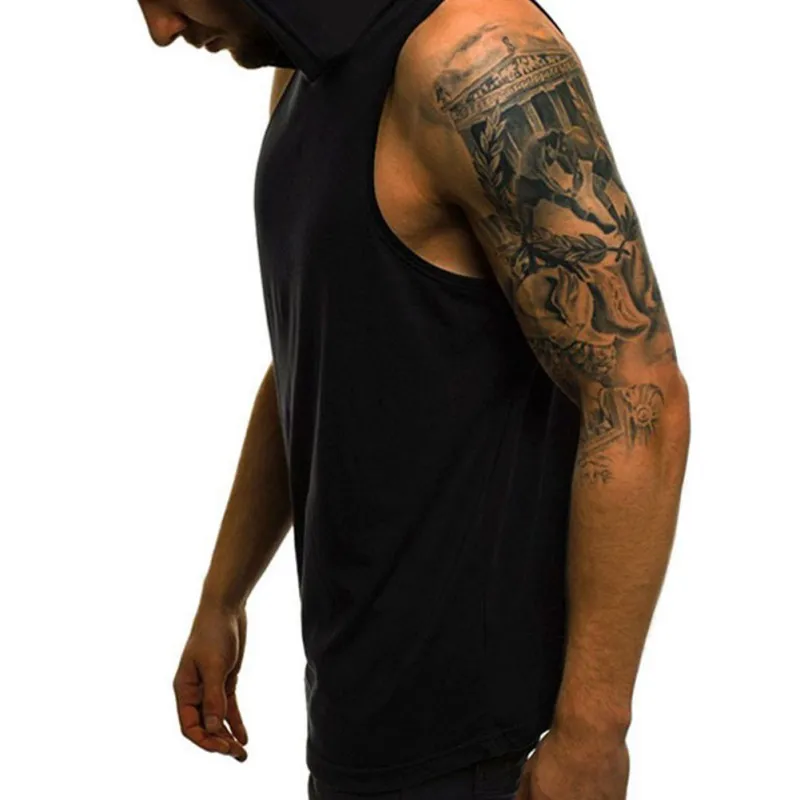 

Stringer Muscle Sleeveless Hooded Vest Men Gym Hoodie Tank Tops Bodybuilding Clothing Sweatshirt Shirt Solid Color