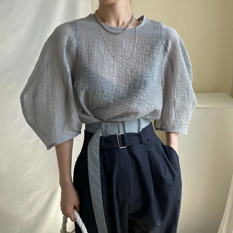 

Two Piece Set Women Korean Chic Summer Niche Design Round Neck Pullover Loose Casual Micro Pleated 5-point Bubble Shirt