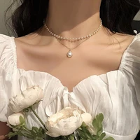 personalized retro ins style double layer pearl necklace clavicle chain choker pearl pendant nacklace