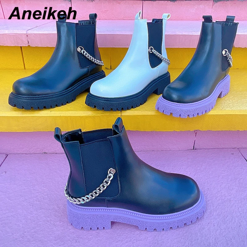 

Женские осенние ботинки Aneikeh на толстой подошве, туфли на платформе в стиле панк с металлической цепочкой, ботильоны на квадратном каблуке, ...