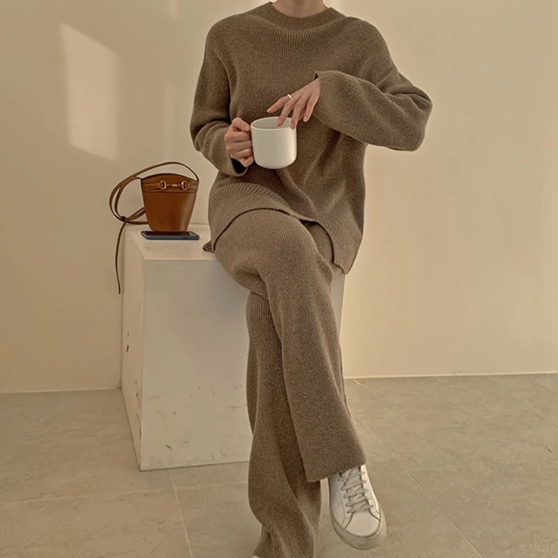 

Fashion Casual Loose 2 Pieces Knitted Set Women O-neck Long Sleeve Sweater & Long Trouser 2021 Autumn Winter Sweater Set Women