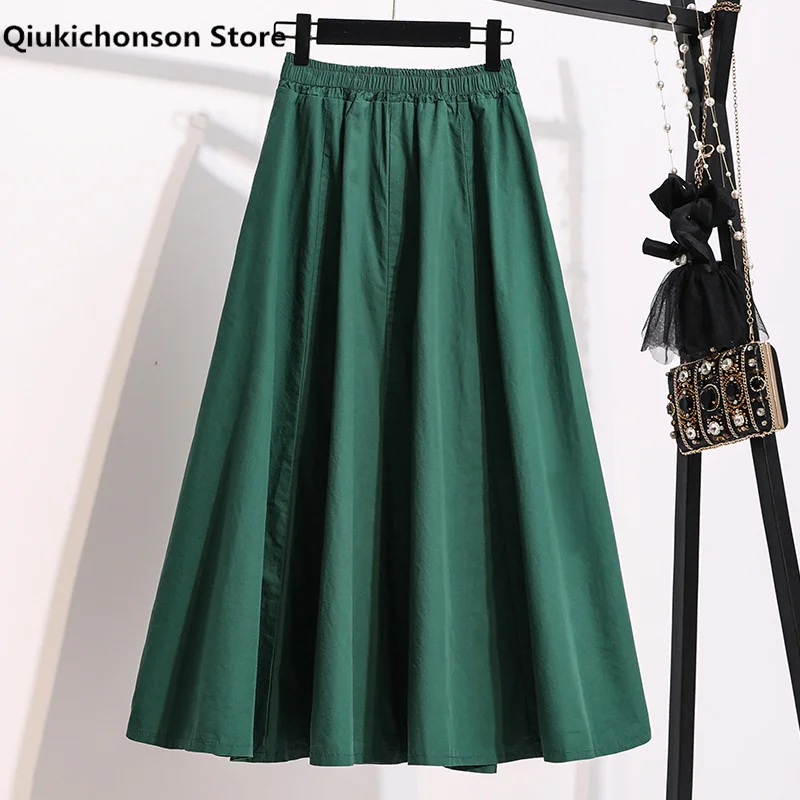 

Qiukichonson Spring Summer Plus Size Skirt Women Literary Casual Mori Girl Elastic High Waist Long Midi A-Line Pleated Skirts