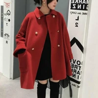 fashion fall short elegant jacket for women long solid wool coat jacket casual double breasted pockets oversize coat red black