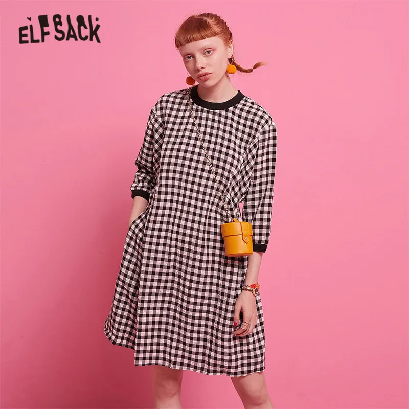 ELFSACK клетчатое Повседневное платье трапециевидной формы для женщин осень 2019