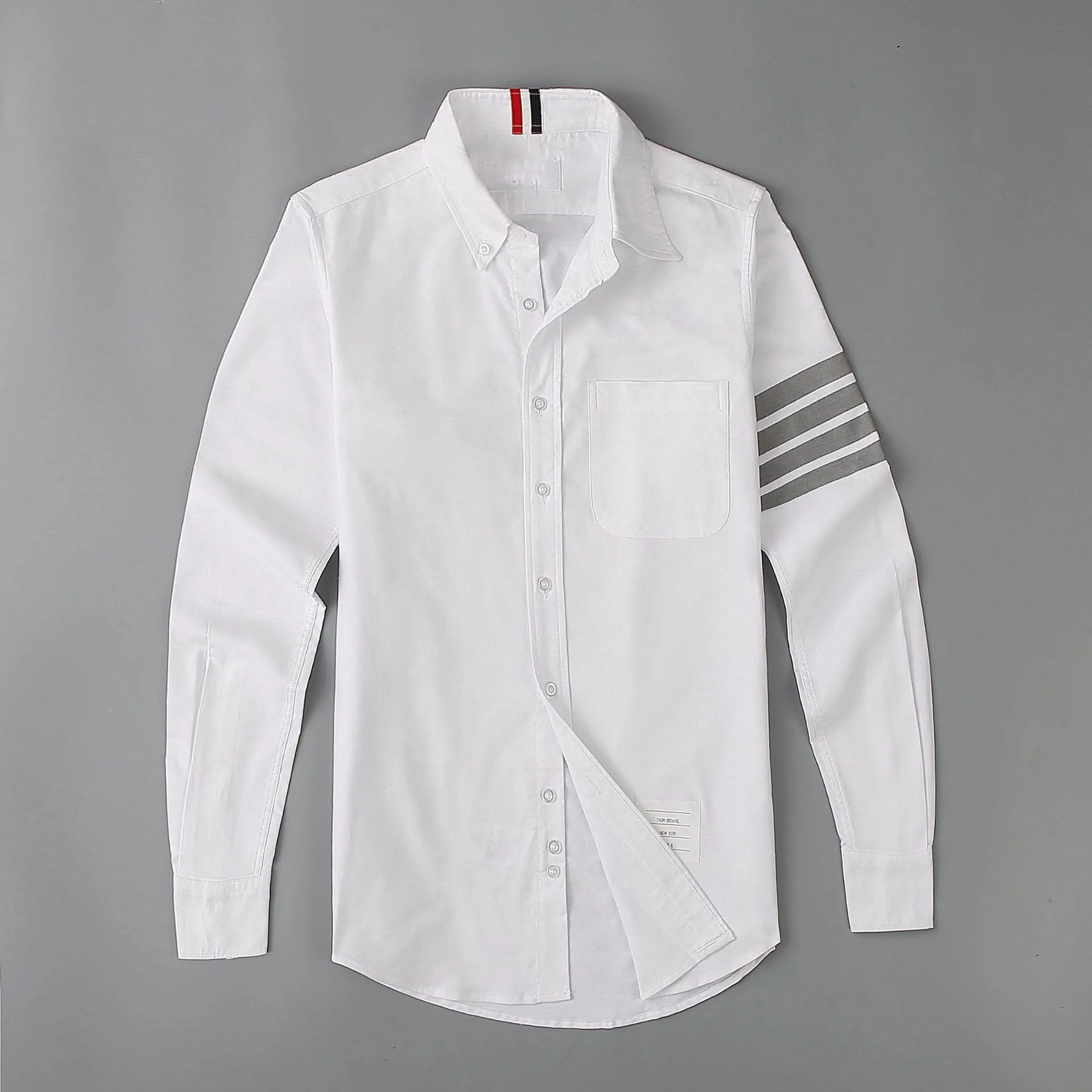 

Xfhh New 19ss Men Oxford Classic Grey stripe Fashion Cotton Casual Shirts Shirt high quality Pocket long-sleeves Top M 2XL #M49