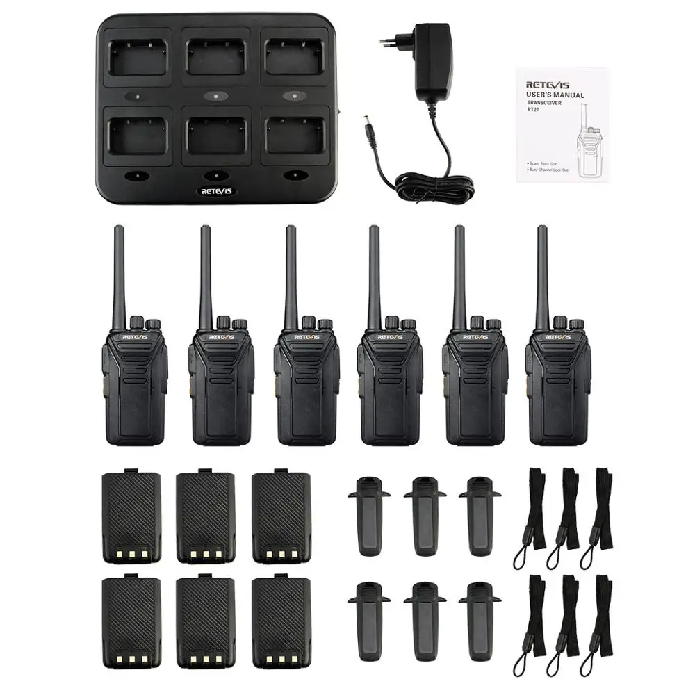 

6pcs Retevis RT27 Walkie Talkie +Six-Way Charger PMR Radio PMR446/FRS VOX USB Charging Portable 2 Way Radio For Hotel/Restaurant