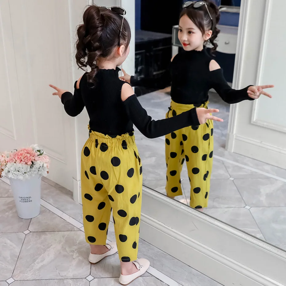 Детская одежда для девочек вязаный свитер и штаны в горошек наряды с открытыми