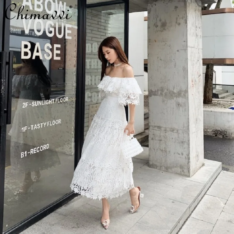 

Женское кружевное платье с открытыми плечами, белое платье-футляр с вышивкой, ТРАПЕЦИЕВИДНОЕ пляжное платье для отпуска, лето 2021