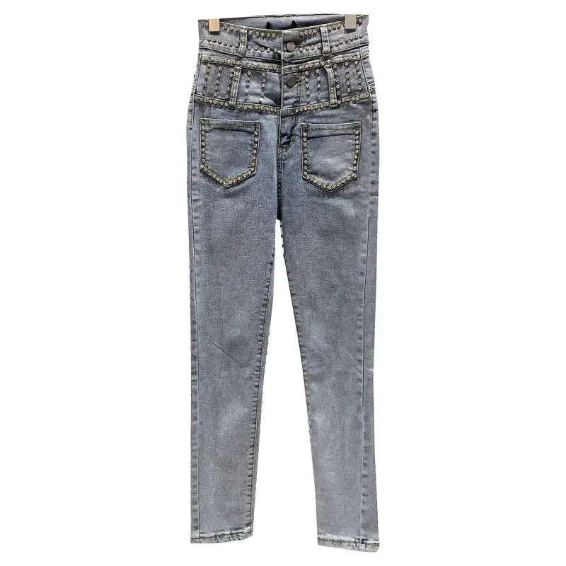 

2021 Spring New Large Particle Rhinestone Double Pocket Heavy Industry Beads Stretch Slim High Waist Jeans Women Denim Pants