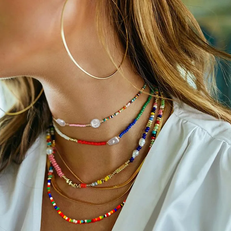 

1pc Trendy Seed Beads Strand Choker Necklace Handmade For Girls Women Bohemian Party Beach Travel Jewelry