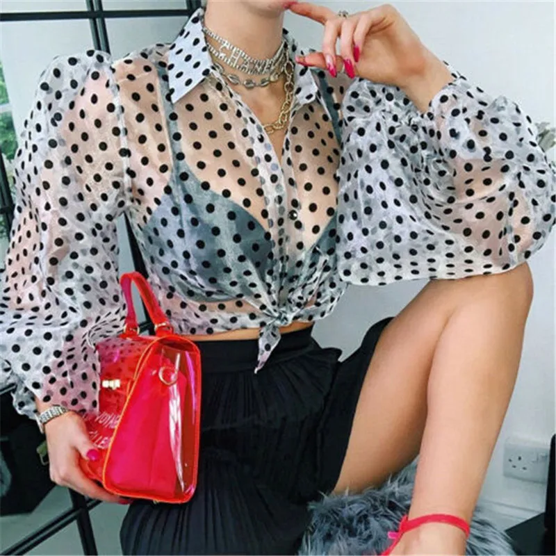 2020 New Women Mesh Sheer Blouse See-through Lantern Long Sleeve Fashion Pearl Button Transparent Dot Shirt Female Blusas | Женская