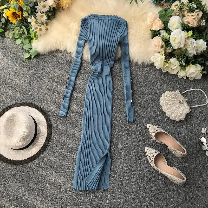 ALPHALMODA французское платье Популярные пуговицы рукав пуловеры туника платье вязаный свитер платье сплошное v-образным вырезом сексуальное платье шаг
