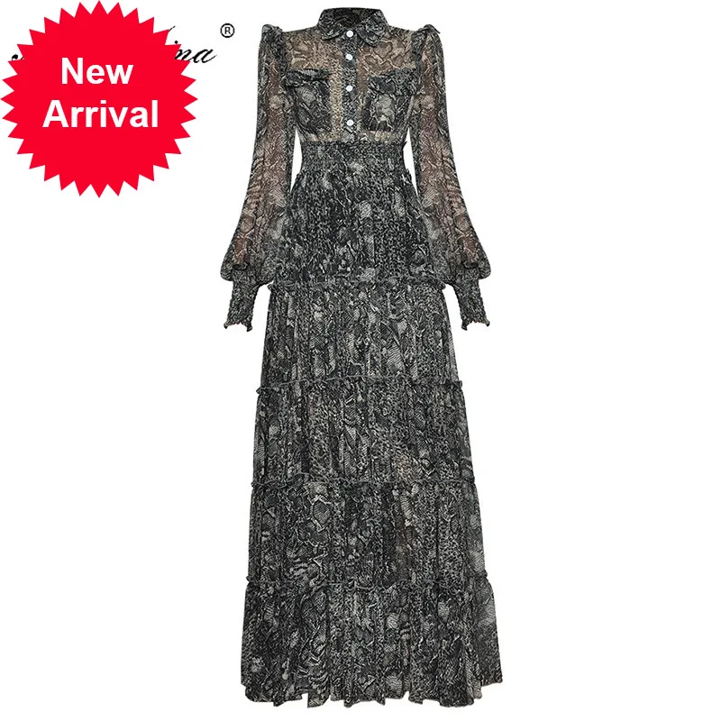 

Women's turn-down collar Elastic waist Bohemia Serpentine Print Maxi Party Dress Fashion Designer Spring Long Dress