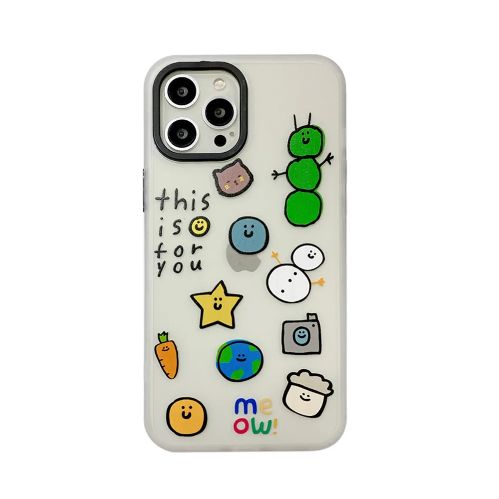 

INS Cartoon Graffiti Stickers Phone Case For iPhone 11 12 Pro XS Max XR X 7 8 Plus SE2020 Fall-anti Clear Silicone Protect Cover