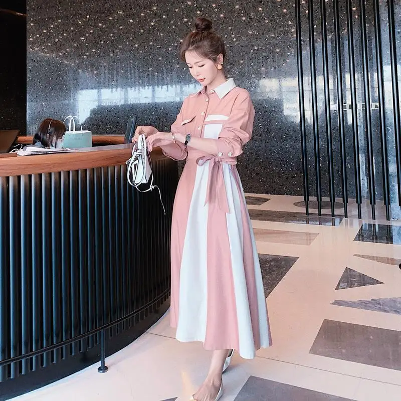 

Contrast stitching dress spring dress 2021 new women's cool long dress tea break dress retro French Platycodon skirt