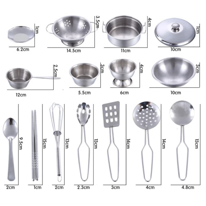

Stainless Steel Kids House Kitchen Toys Cooking Cookware Pots Pans Pretend Play Playset Utensils