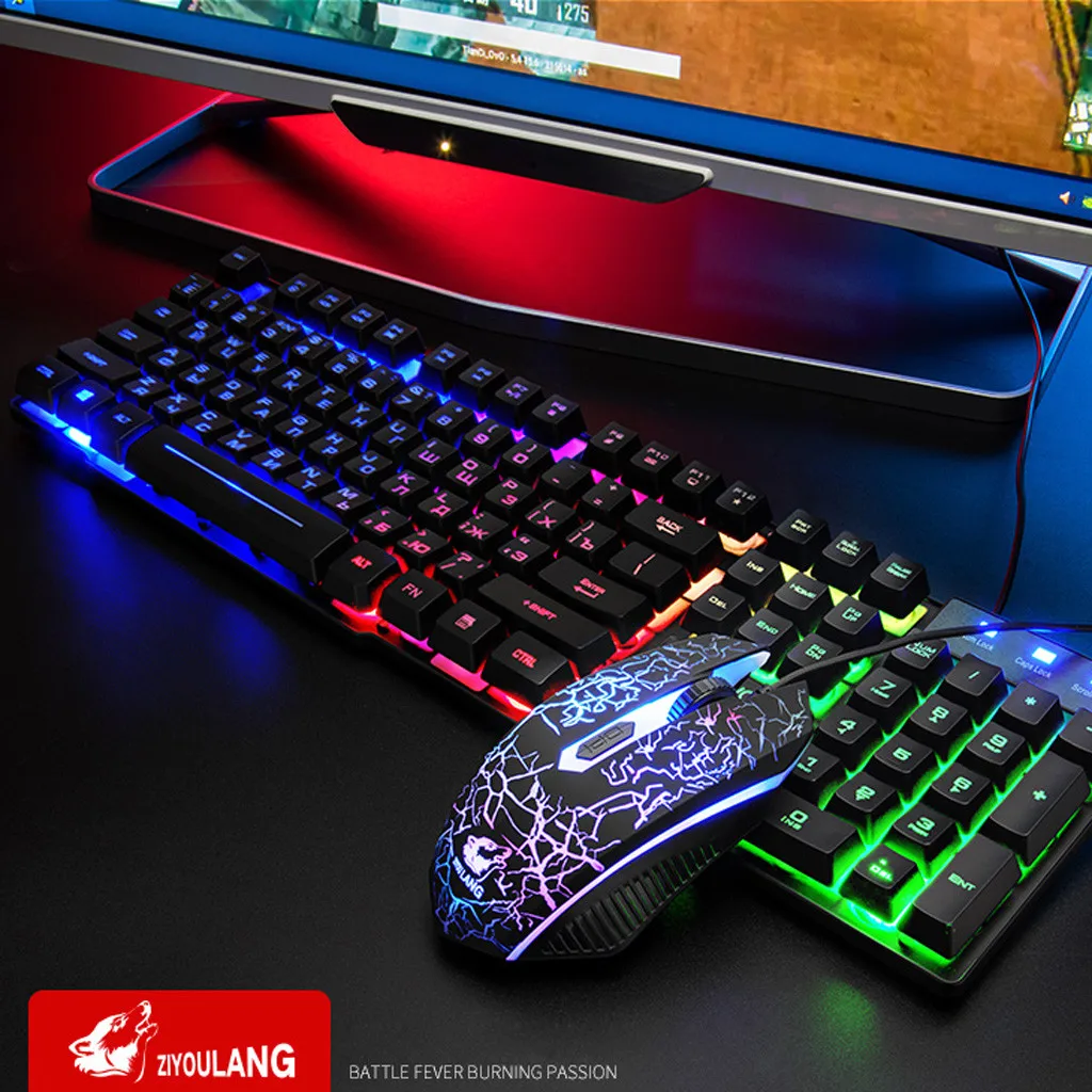 

Keyboard T5 Rainbow Backlight Usb Ergonomic Gaming English Russian Keyboard And Mouse Set Teclado y mouse para juegos rusos