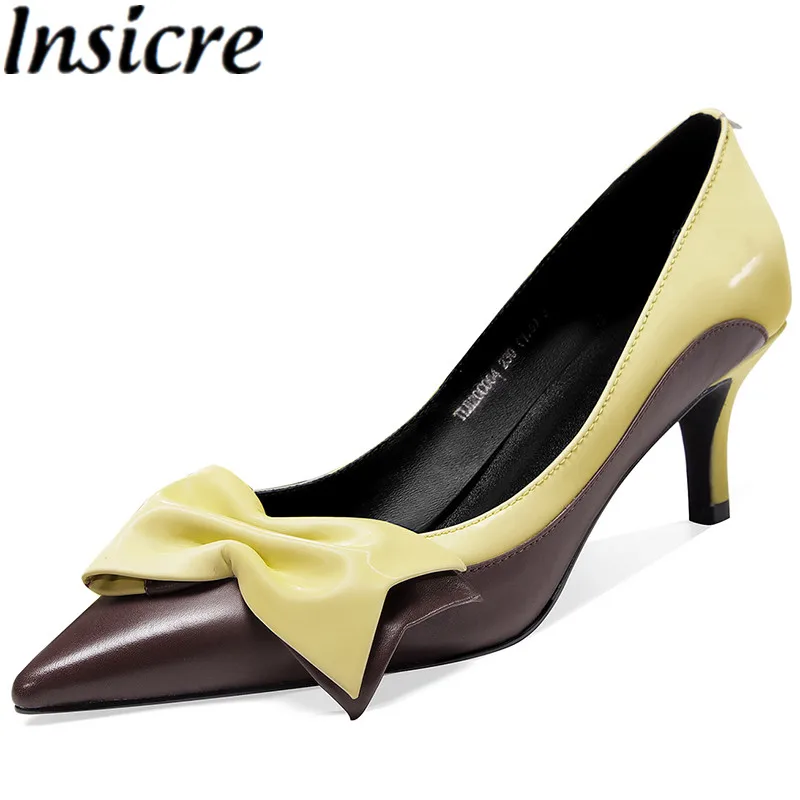 

Insicre 2021 Summer Fashion Women Pumps Butterfly Knot Patchwork Pointed Toe Thin High Heel Shoes Shallow Cow Patent Leather