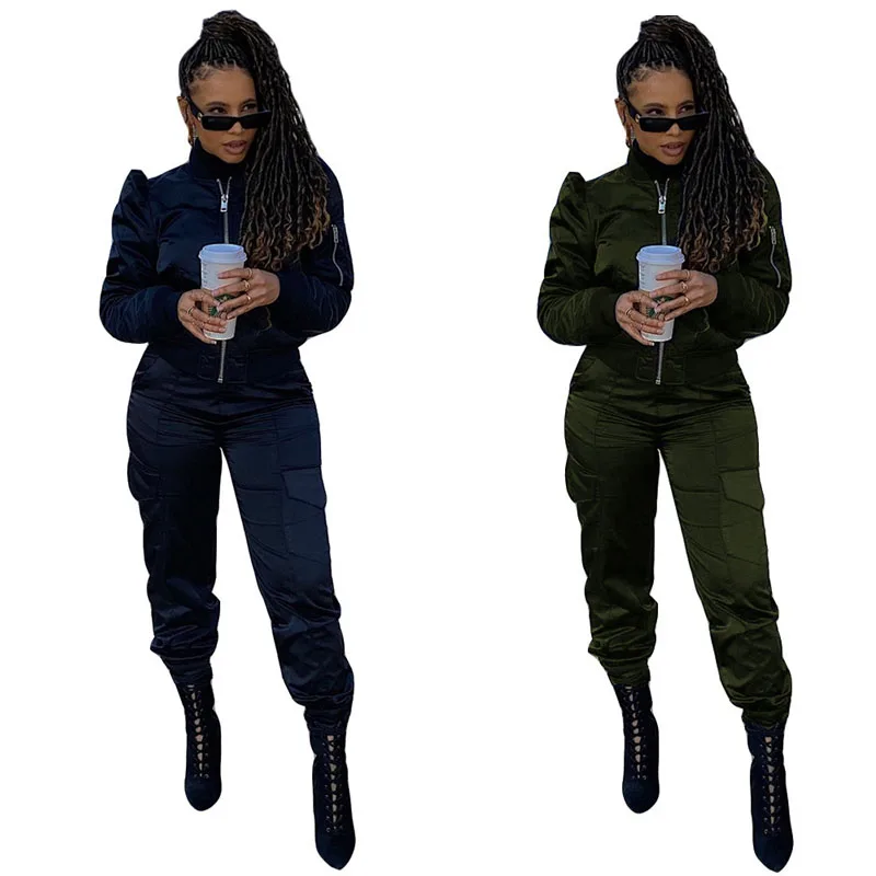 

Women Two Piece Set Winter Matching Set Long Sleeve Jacket and Overall Cargo Pants Streetwear Tracksuit Wholesale Dropshipping