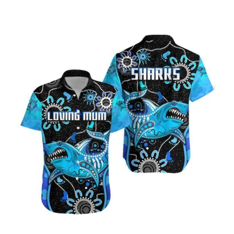 

USA Size Summer Casual Menâ€™s Short Sleeve Stand Collar Loose Shark 3d Printing Alphabet Hawaiian Shirt Quick Dry Beach Clothing