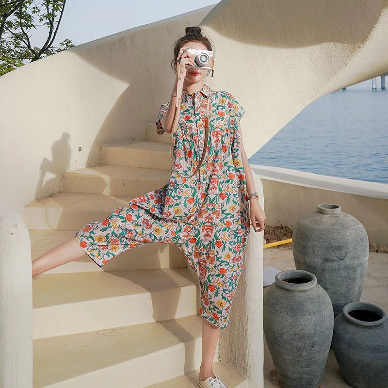 

Women Jumpsuits vintage Floral Print Rompers Summer Casual Cross-pants Overalls Jumpsuit Wide Leg Loose Fashion Jumpsuit Female