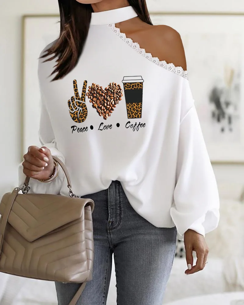

Heart Letter Slogan Print Contrast Lace Lantern Sleeve Top