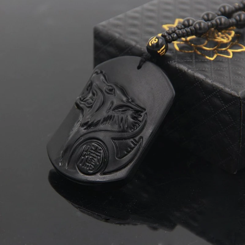 

2021 New Hand Carved Natural Genuine Obsidian Howling Wolf Head Amulet Pendant Necklace