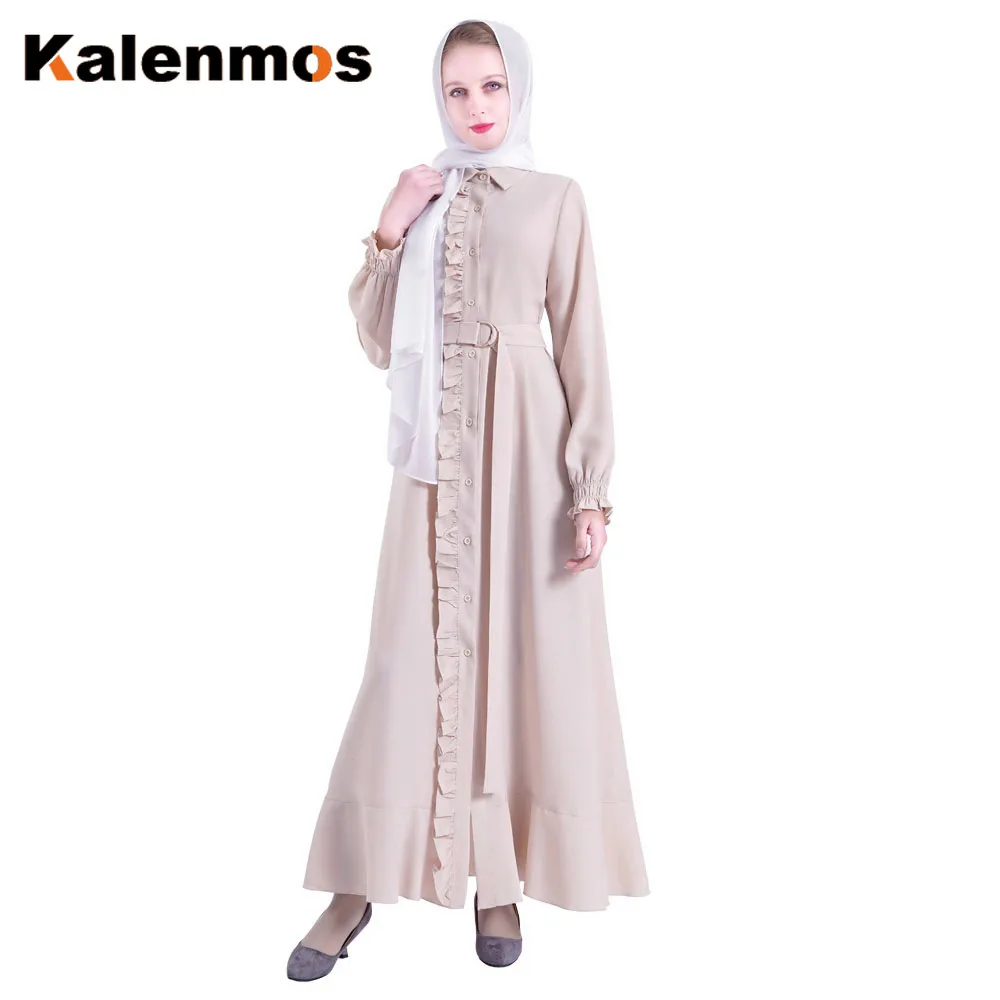 

Muslim Shirt Dress Women Turkey Modest Lapel Ruffle Lace-up Islamic Moroccan Kaftan Office Lady Maxi Dubai Kimono Robe Vestidos