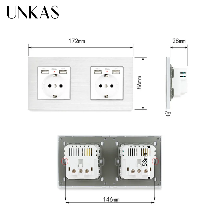 UNKAS 2 Gang Россия Испания настенная розетка стандарта ЕС с 4 USB портами для зарядки