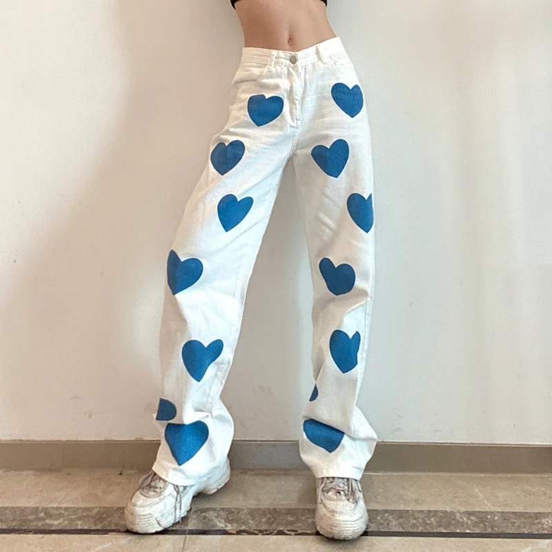 

Summer Women Denim Printed Love Street Casual Hip Hop High Waist Loose Straight Jeans Pants Fashion Contrasting High-rise Pants