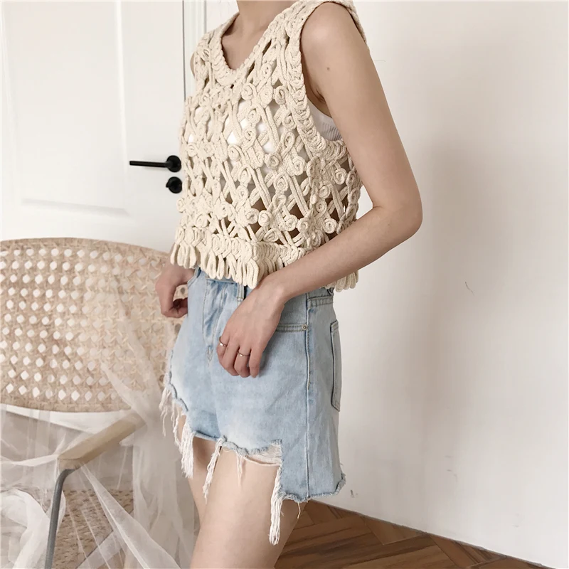 Возможно u образная белая бежевая ткань открытая майка с кисточками без рукавов