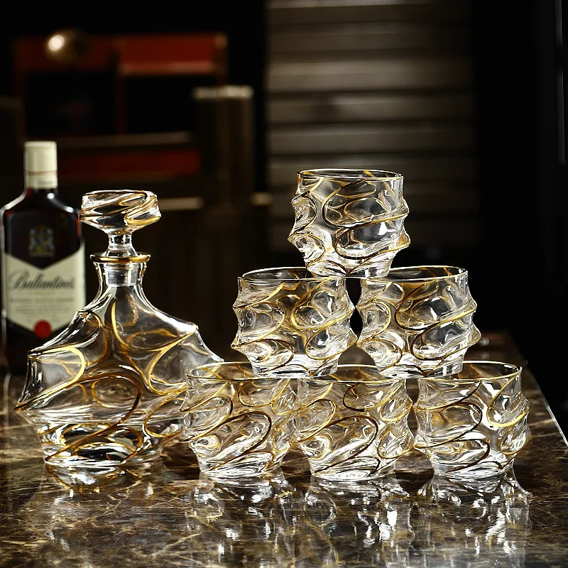 

Luxury Wine Glasses High Quality 7pcs/set Bottle Gold Rim Drink Glass Brandy Snifters Beer Steins Drinking Cocktail Glass