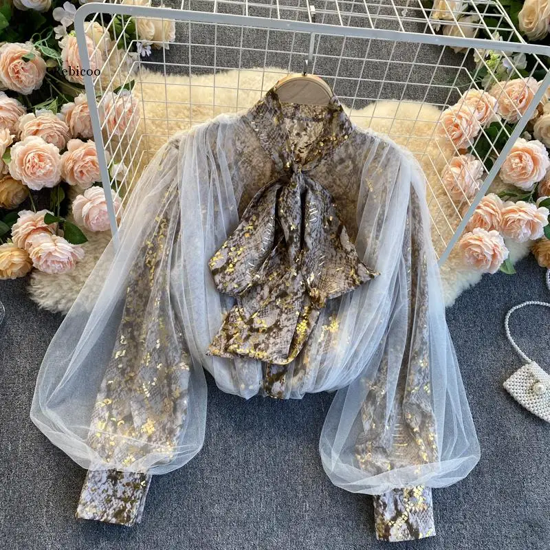 

Women Design Mesh Blouse Korean Fashion Bow Collar Lantern Sleeve Tops Autumn Casual Loose Chic Streetwear Blouses