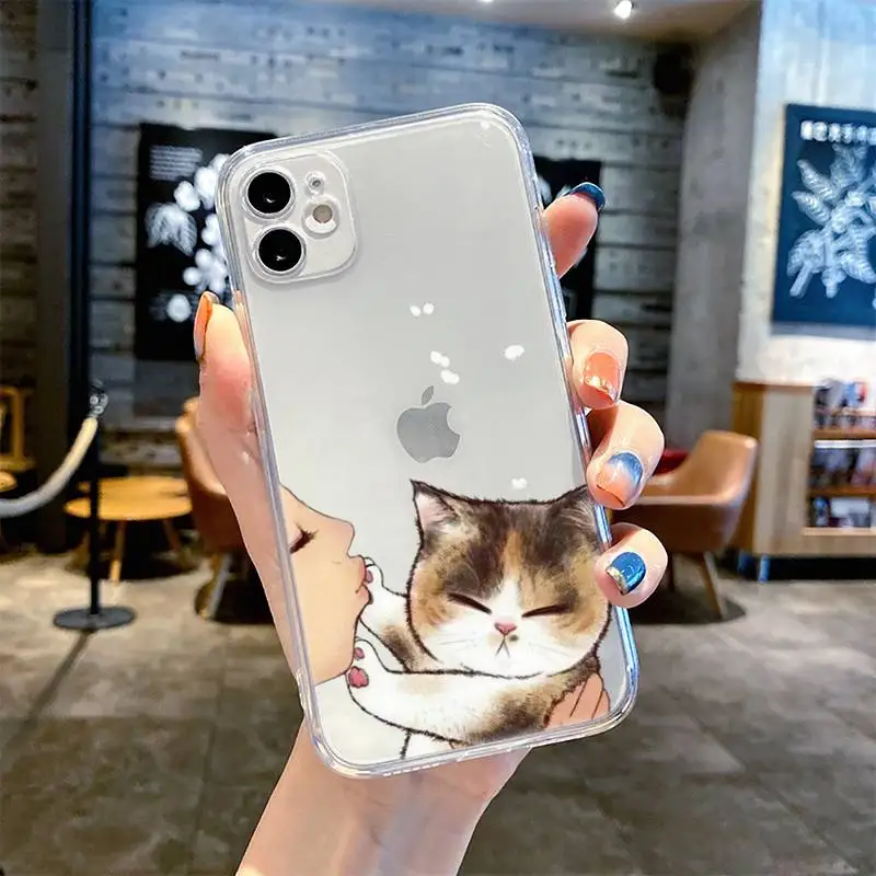 Cat Rejects Owner Kiss Funny Cute Phone Case For iphone 13 12 11 8 7 plus mini x xs xr pro max Transparent soft Clear bag Cover