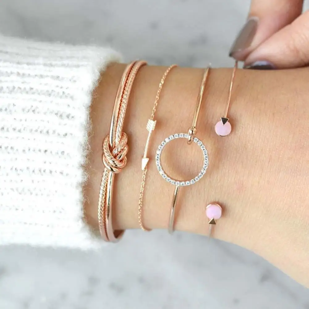 

4Pcs/Set Women Knot Arrow Rhinestone Inlaid Circle Charm Bracelet Bangle Jewelry