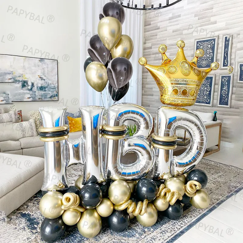 

1Set Birthday Balloons Set 32inch Letter HBD Foil Ballons Crown Marble Gold Chrome Ballon Baby Shower Party Decoration Supplies