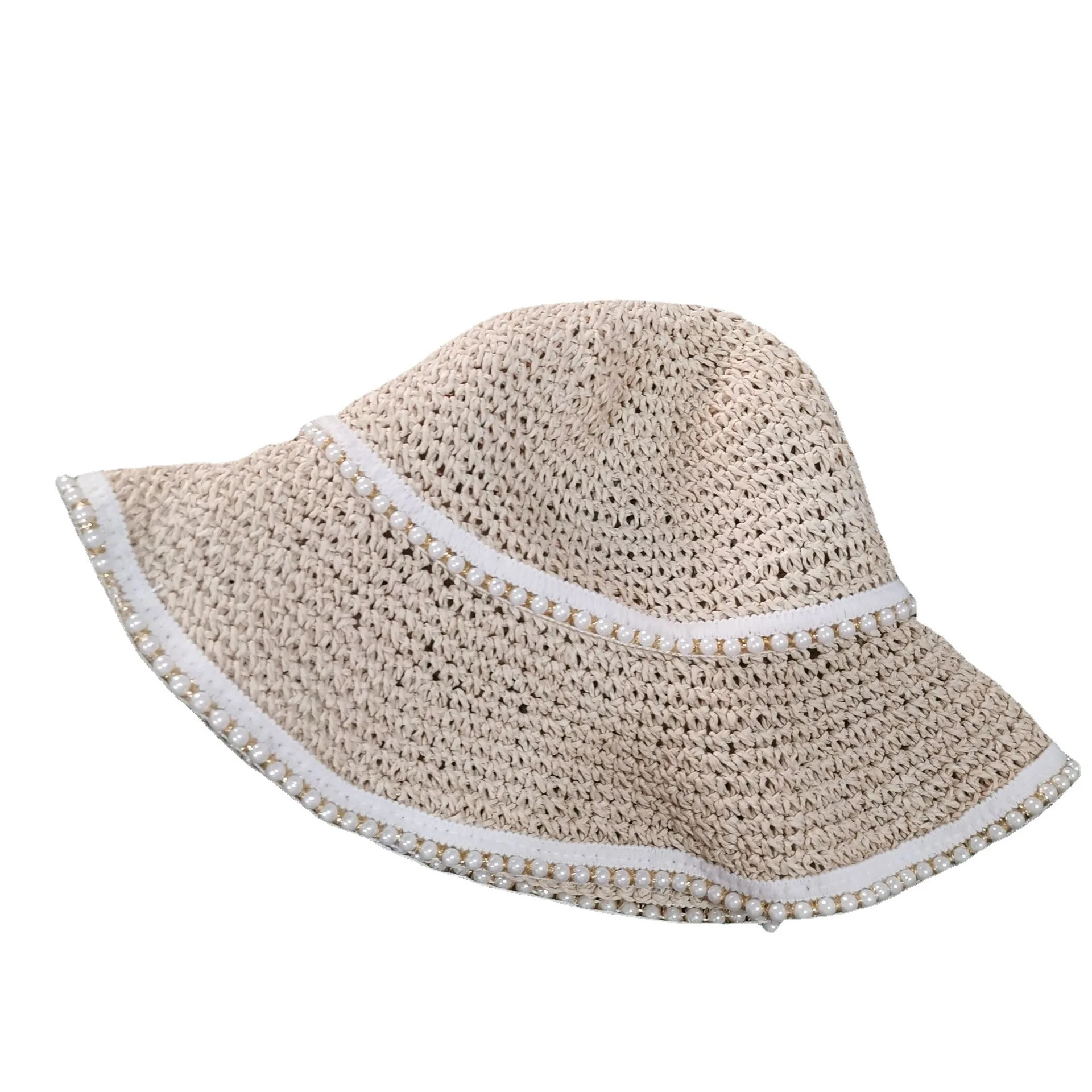 

202104-yZ new summer handmade paper pearl ribbon leisure lady bucket cap women fishermen hat