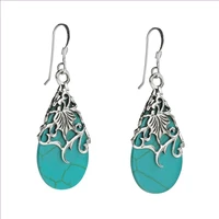 silver plated decorative pattern green turquoises stone dangle earrings for women water drop jewelry