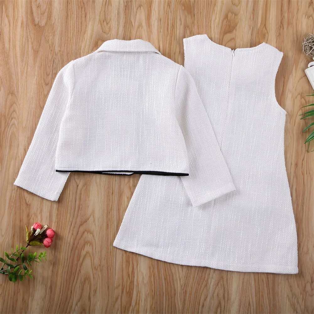 

Free Shipping Toddler Baby Girl Clothes Sets Solid Button Long Sleeve Coat Tops+A-Line Dress Formal Outfit Set 1-6Y