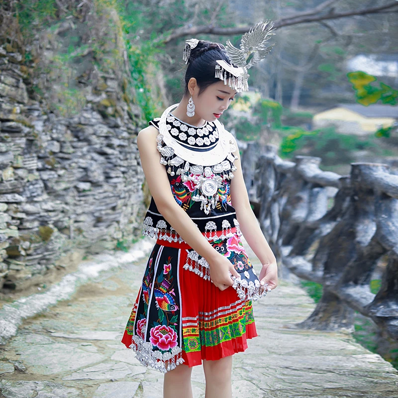 Hmong Clothes Spring Summer Ethnic Style Embroidery Short Pleated Skirt Miao Silver Hat Photography Stage Dance Clothing | Тематическая