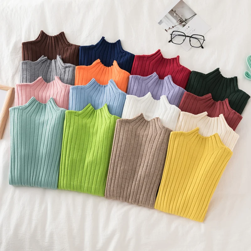 

Pullover Sweater Knitted Women Winter 2020 High Neck Basic Slim Casual Ribbed Knit Top Autumn Clothes Woman Sweaters