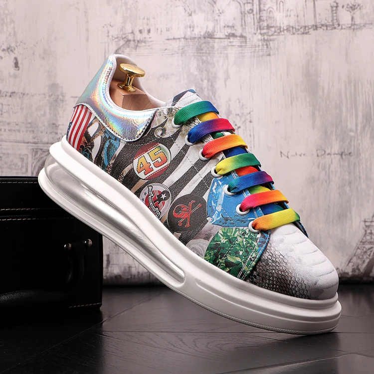 

2020 New Trending Men's Colorful graffiti print Causal Loafers flat platform shoes Moccasins Man Hip-hop board For web celebrity