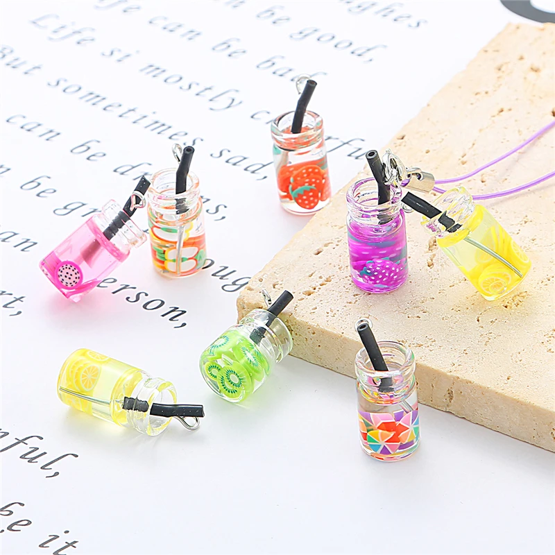 6pcs Glass Wishing Bottle Charms Fruit Orange Apple Strawber