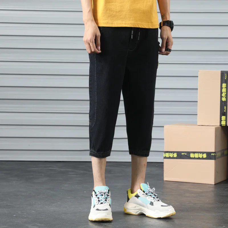 Мужские джинсы облегающие выше колена джинсовые комбинезоны с эластичной талией